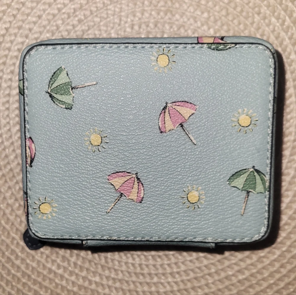 Coach Light Blue Umbrella & Sun Print Leather Zip Jewelry Case - Picture 2 of 9